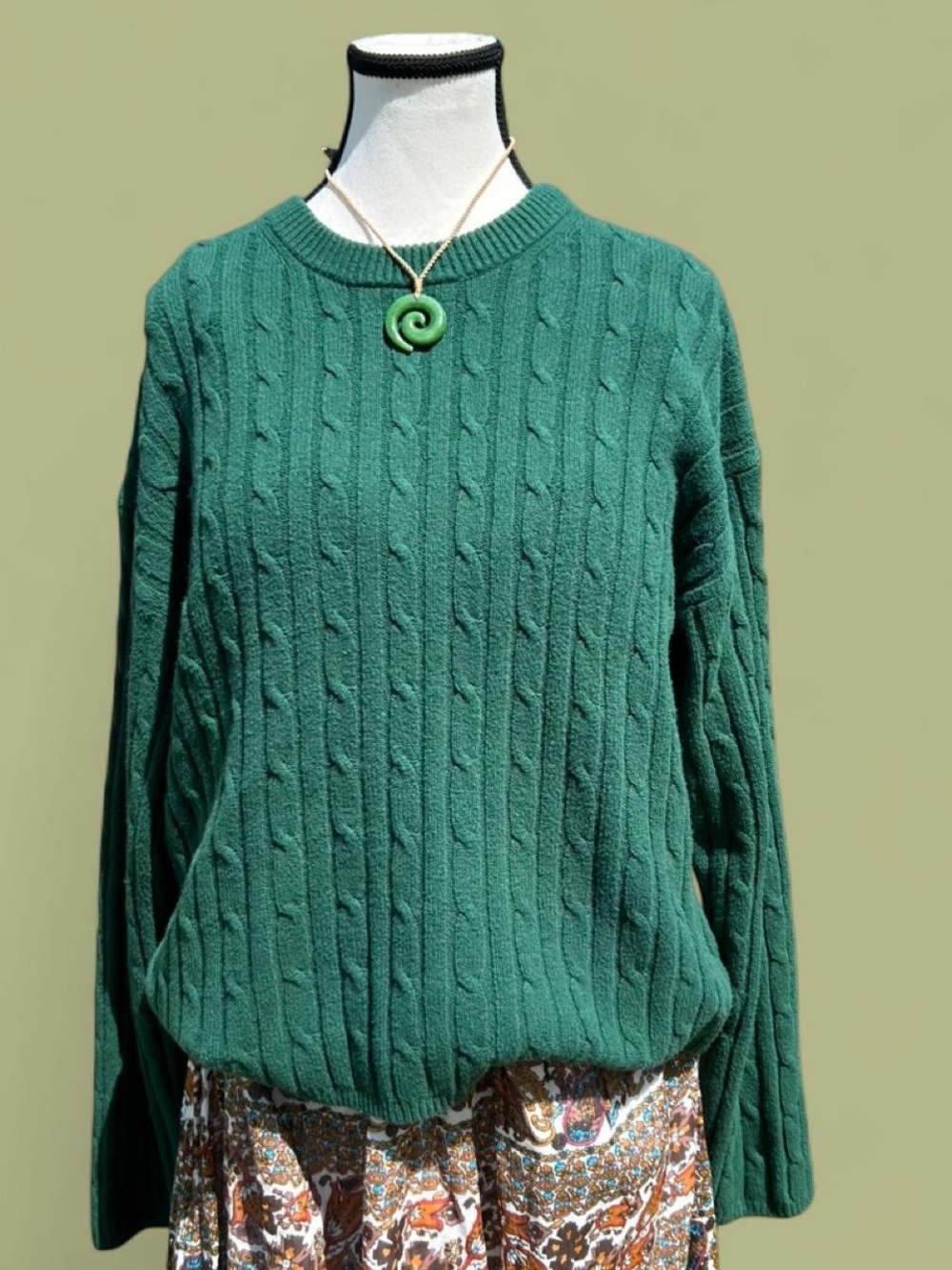 Green Cable-Knit Crewneck Sweater - Women's